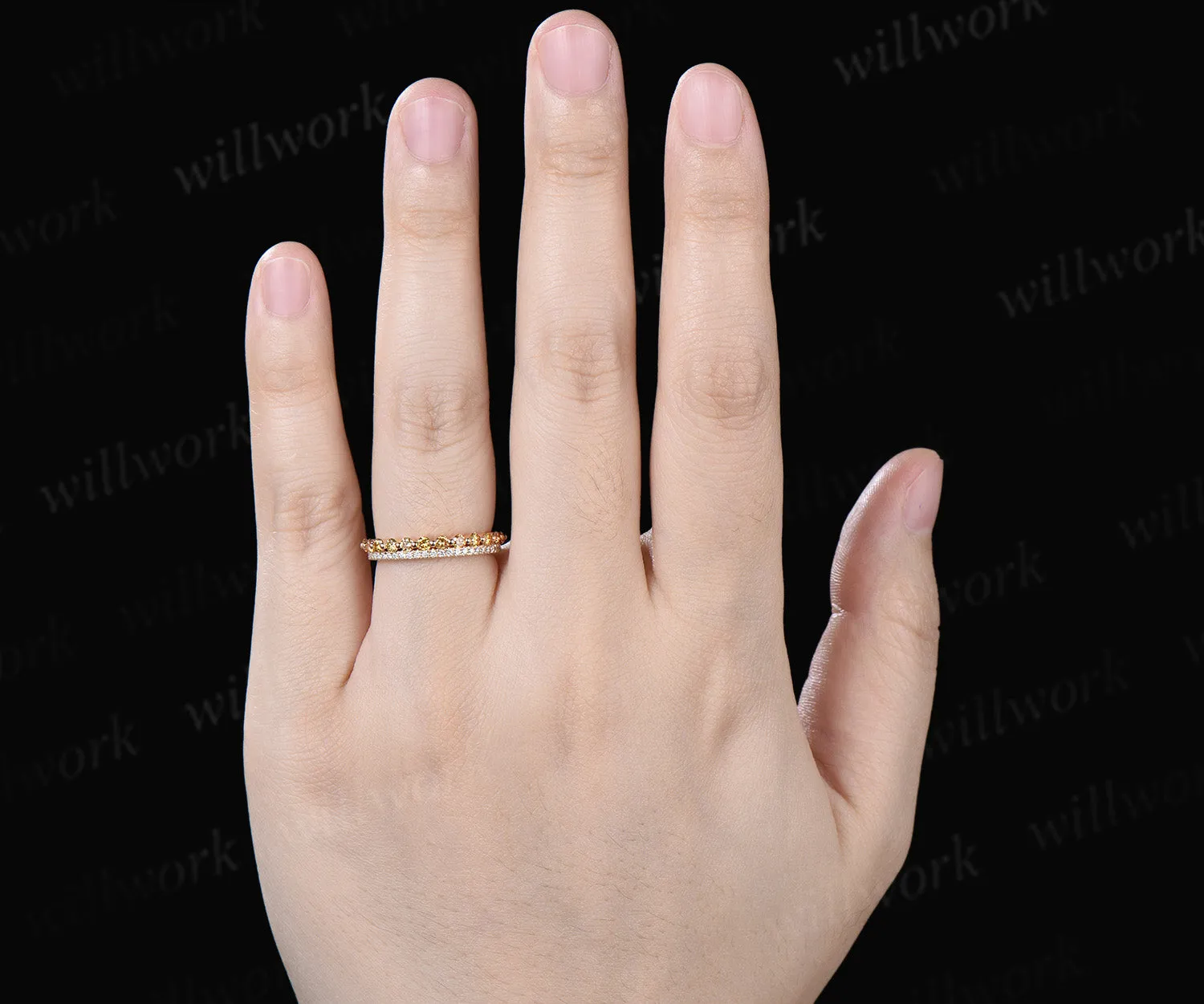 Double Row Yellow & White Diamond Half Eternity Wedding Band Unique Stacking Ring Gifts for Her sold by Willwork Jewelry product image thumbnail 2