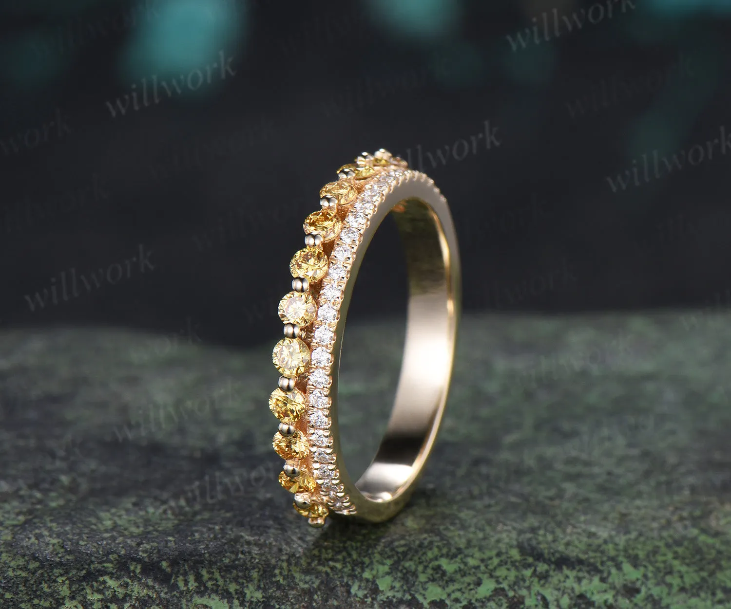 Double Row Yellow & White Diamond Half Eternity Wedding Band Unique Stacking Ring Gifts for Her sold by Willwork Jewelry product image thumbnail 5