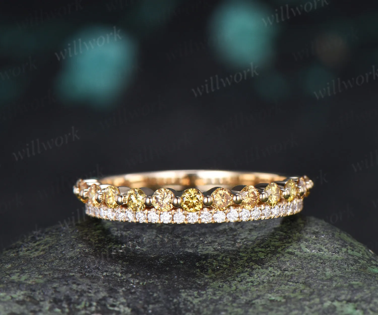 Double Row Yellow & White Diamond Half Eternity Wedding Band Unique Stacking Ring Gifts for Her sold by Willwork Jewelry