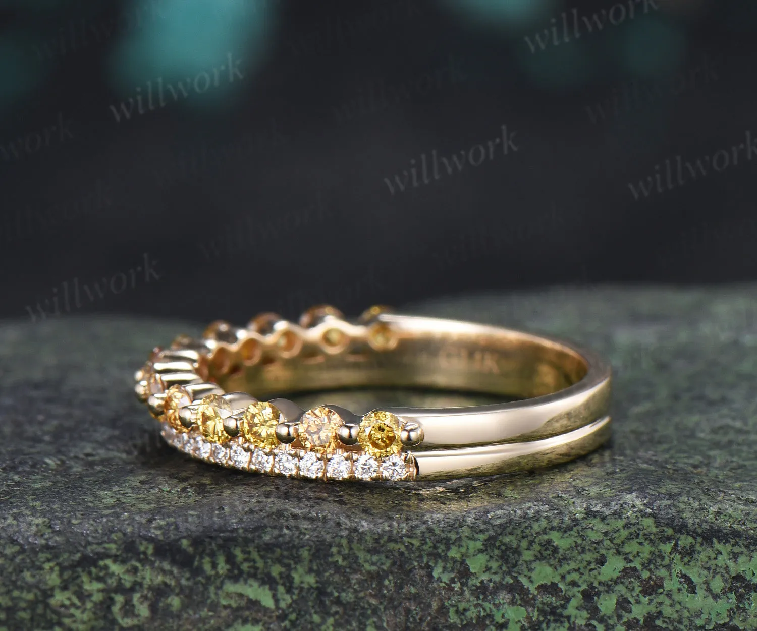 Double Row Yellow & White Diamond Half Eternity Wedding Band Unique Stacking Ring Gifts for Her sold by Willwork Jewelry product image thumbnail 3