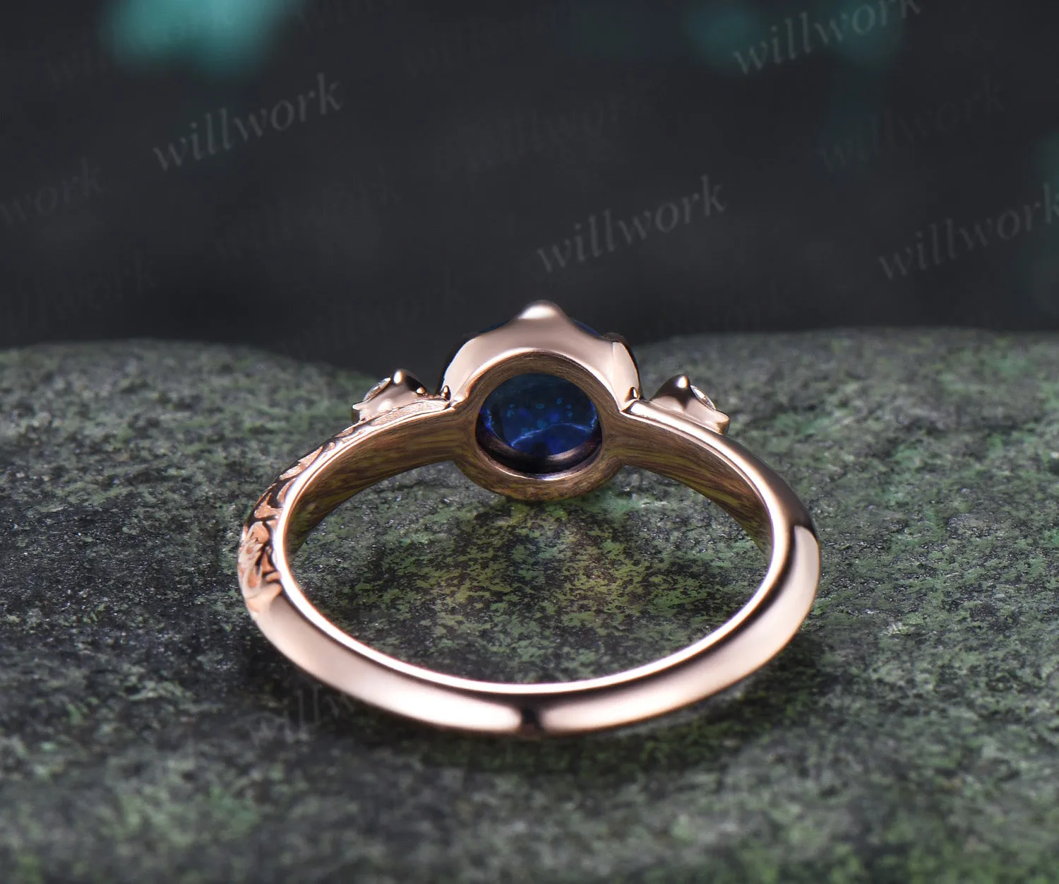 Vintage Round Sapphire Engagement Ring Three Stone Diamond Ring Filigree Floral Cabochon Sapphire Promise Ring sold by Willwork Jewelry product image thumbnail 5