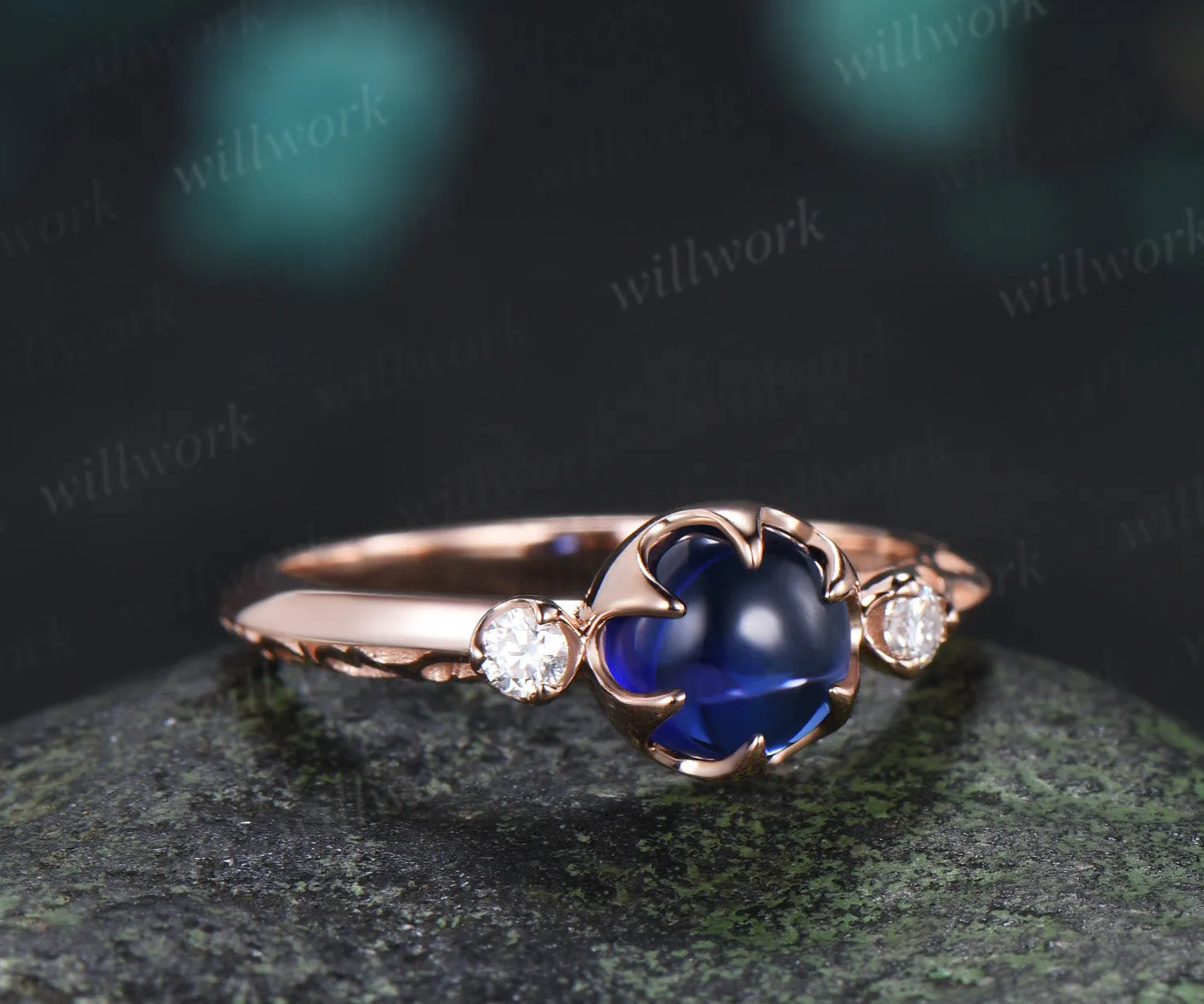 Vintage Round Sapphire Engagement Ring Three Stone Diamond Ring Filigree Floral Cabochon Sapphire Promise Ring sold by Willwork Jewelry product image thumbnail 4