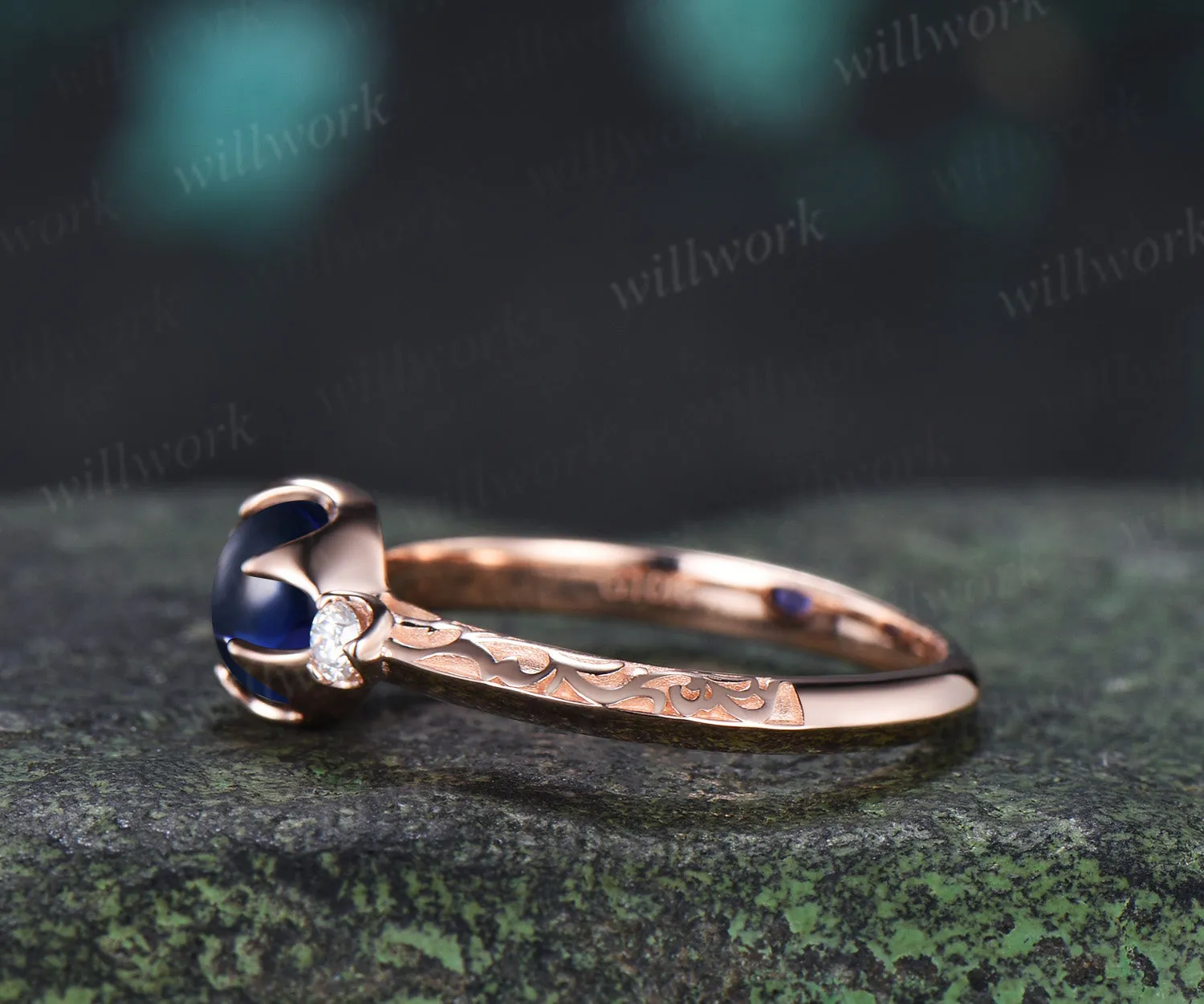 Vintage Round Sapphire Engagement Ring Three Stone Diamond Ring Filigree Floral Cabochon Sapphire Promise Ring sold by Willwork Jewelry product image thumbnail 3