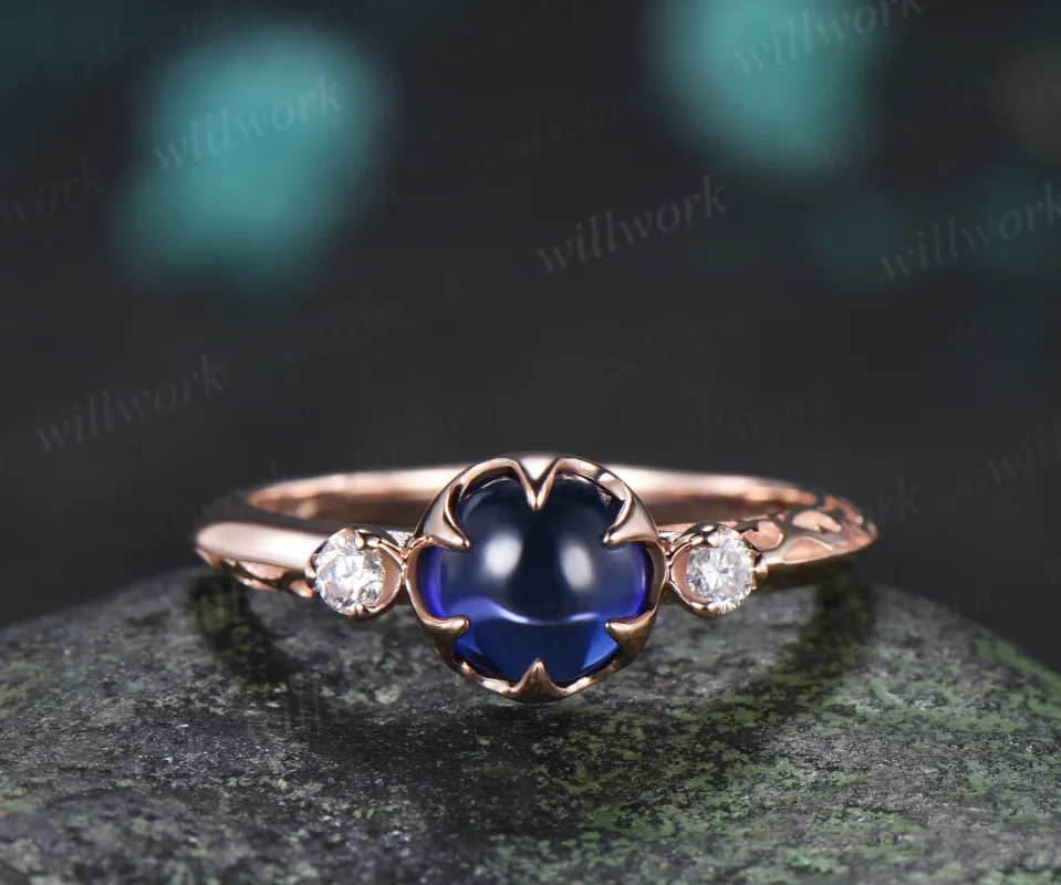 Vintage Round Sapphire Engagement Ring Three Stone Diamond Ring Filigree Floral Cabochon Sapphire Promise Ring made by Willwork Jewelry