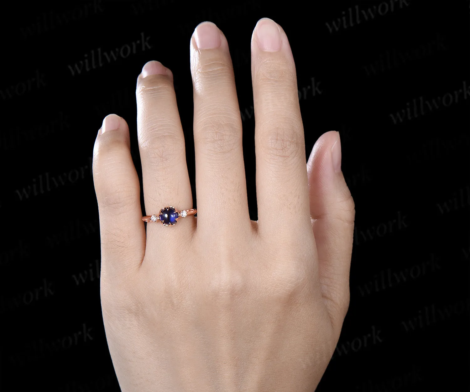 Vintage Round Sapphire Engagement Ring Three Stone Diamond Ring Filigree Floral Cabochon Sapphire Promise Ring sold by Willwork Jewelry product image thumbnail 2