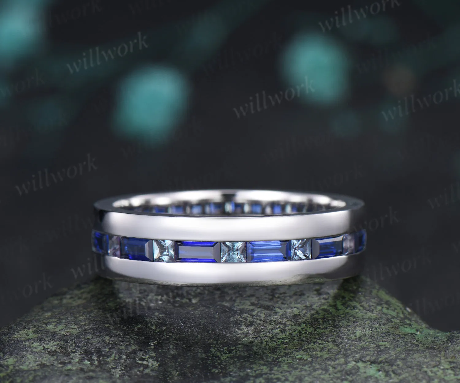 Baguette Cut Sapphire Princess Alexandrite Men Engagement Ring Channel Set Full Eternity Wedding Ring Anniversary Gifts sold by Willwork Jewelry