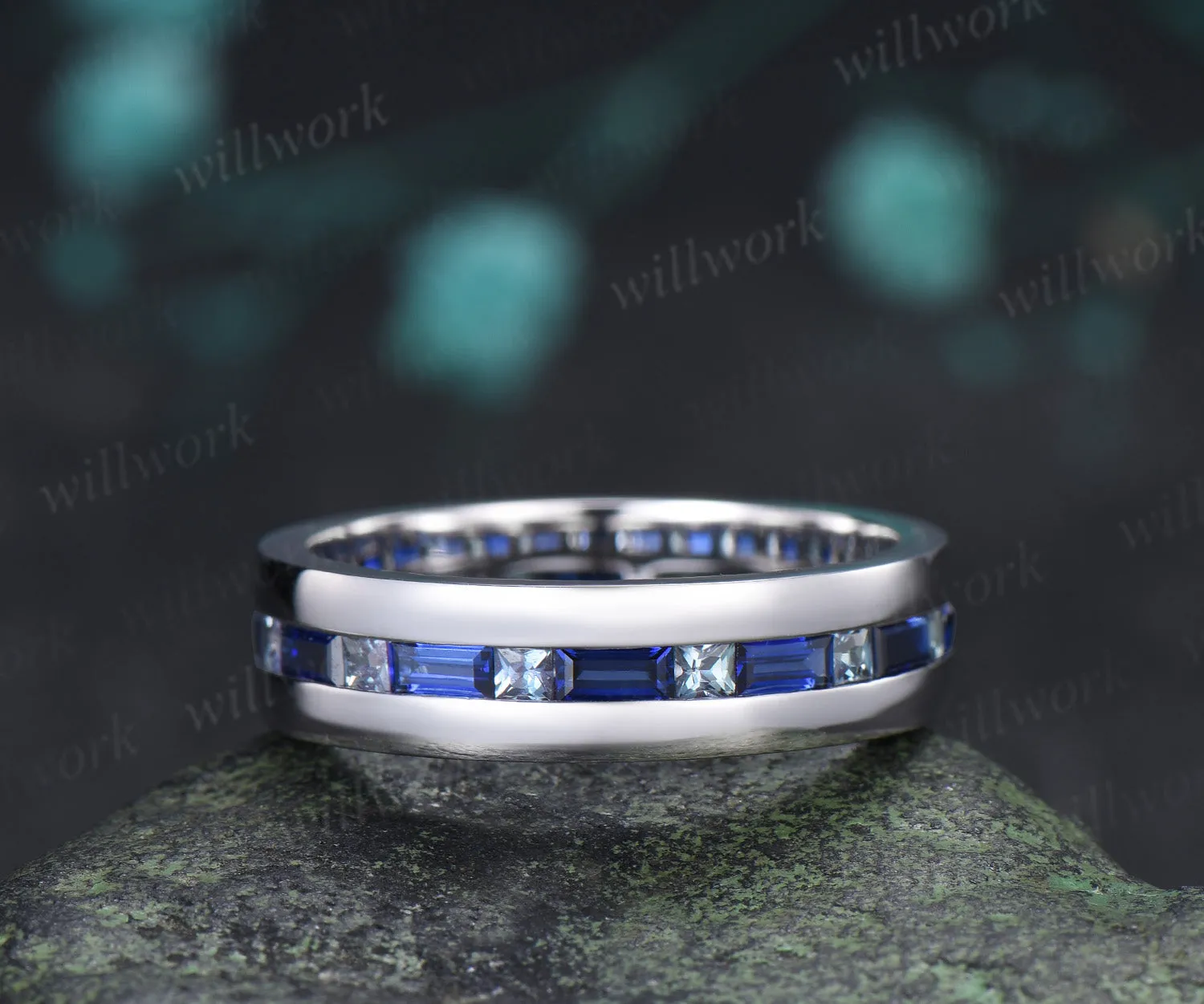 Baguette Cut Sapphire Princess Alexandrite Men Engagement Ring Channel Set Full Eternity Wedding Ring Anniversary Gifts sold by Willwork Jewelry product image thumbnail 4