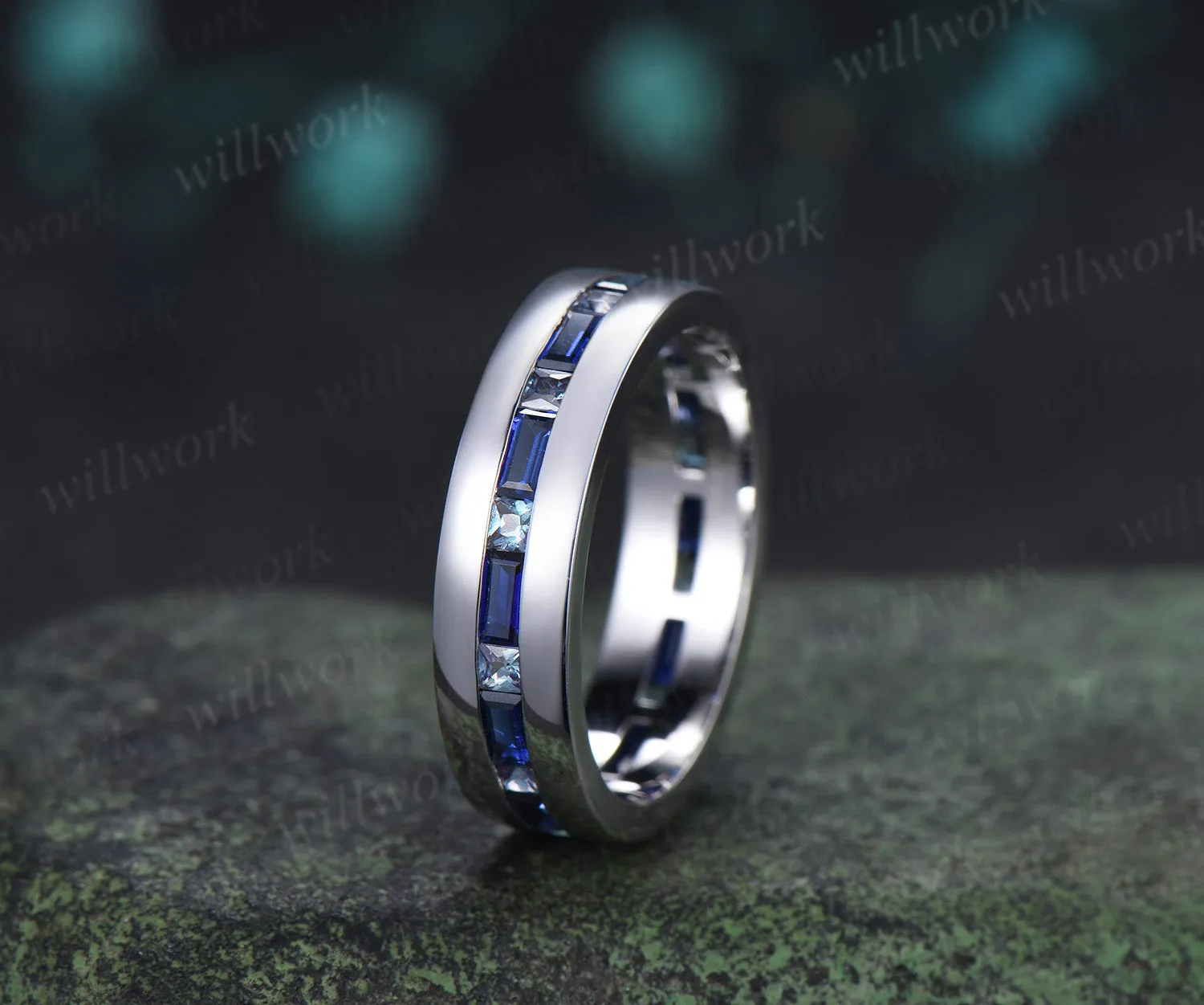 Baguette Cut Sapphire Princess Alexandrite Men Engagement Ring Channel Set Full Eternity Wedding Ring Anniversary Gifts sold by Willwork Jewelry product image thumbnail 3
