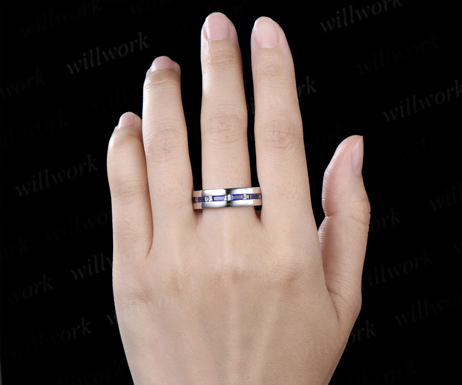 Baguette Cut Sapphire Princess Alexandrite Men Engagement Ring Channel Set Full Eternity Wedding Ring Anniversary Gifts sold by Willwork Jewelry product image thumbnail 2