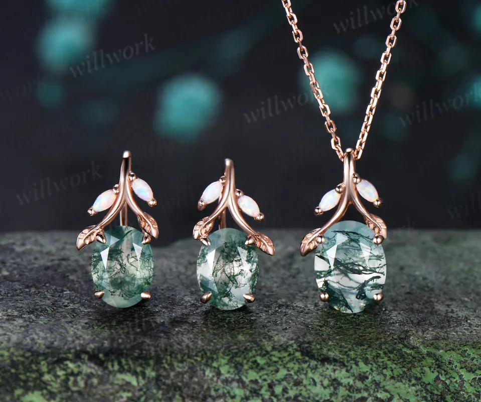 Oval Moss Agate Leaf Necklace Marquise Opal Leaf Necklace Earrings Nature Inspired Twig Jewelry Set made by Willwork Jewelry
