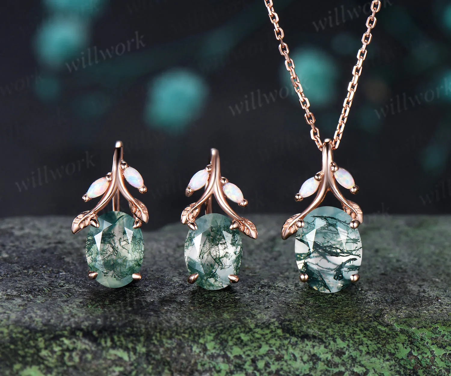 Oval Moss Agate Leaf Necklace Marquise Opal Leaf Necklace Earrings Nature Inspired Twig Jewelry Set sold by Willwork Jewelry