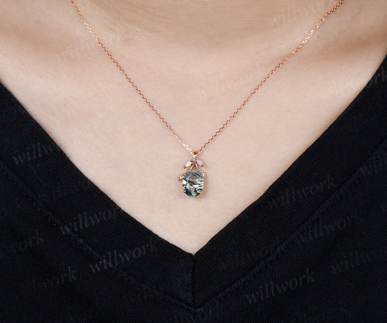 Oval Moss Agate Leaf Necklace Marquise Opal Leaf Necklace Earrings Nature Inspired Twig Jewelry Set sold by Willwork Jewelry product image thumbnail 4