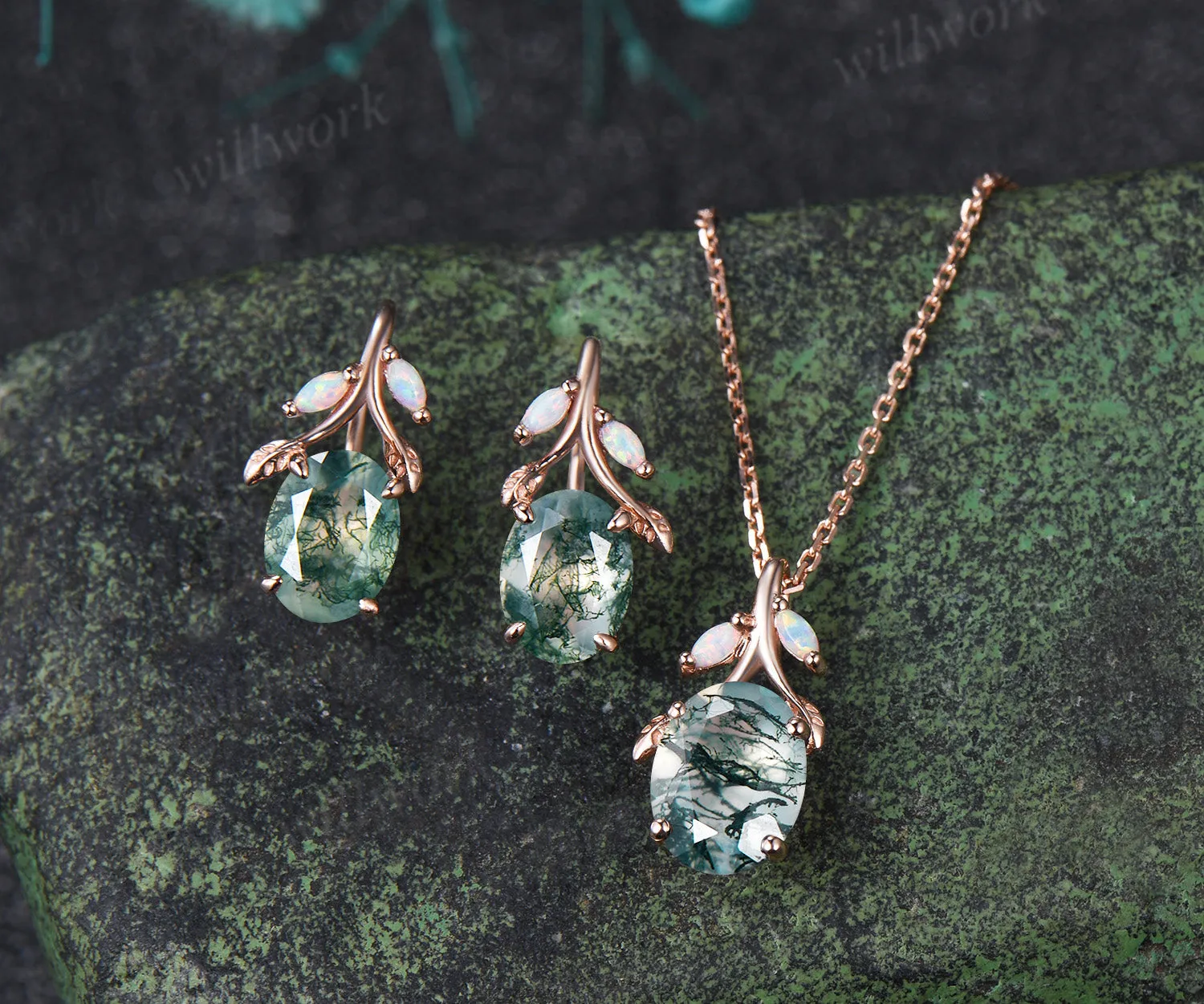 Oval Moss Agate Leaf Necklace Marquise Opal Leaf Necklace Earrings Nature Inspired Twig Jewelry Set sold by Willwork Jewelry product image thumbnail 2
