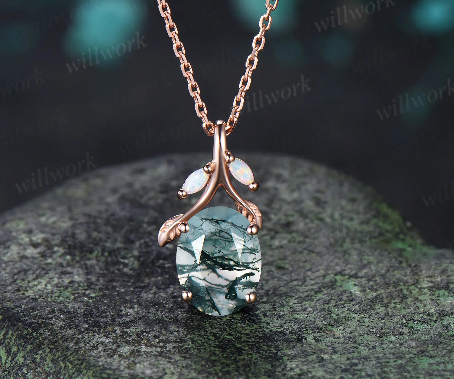 Oval Moss Agate Leaf Necklace Marquise Opal Leaf Necklace Earrings Nature Inspired Twig Jewelry Set sold by Willwork Jewelry product image thumbnail 3