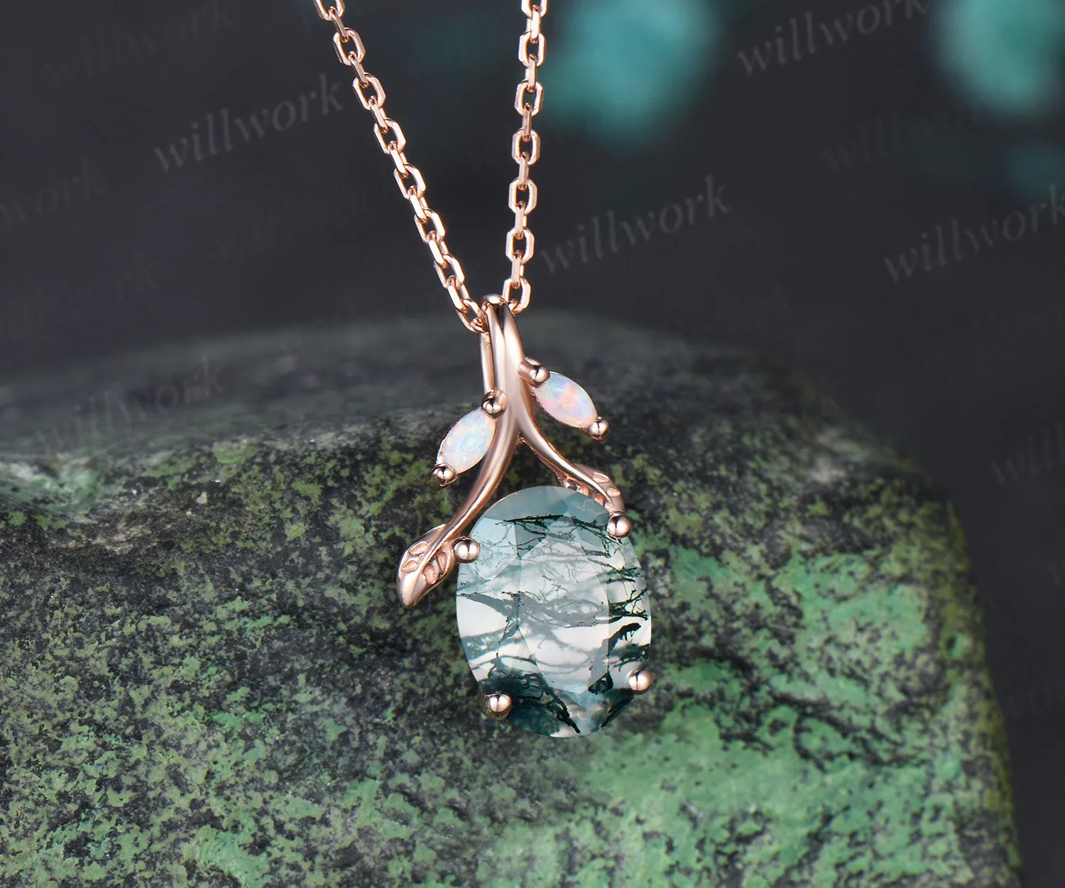 Oval Moss Agate Leaf Necklace Marquise Opal Leaf Necklace Earrings Nature Inspired Twig Jewelry Set sold by Willwork Jewelry product image thumbnail 5