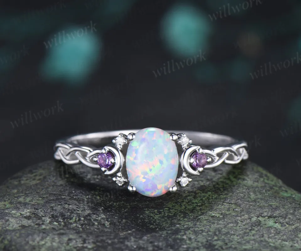 Oval White Opal Amethyst Moon Ring Twisted Weave Half Eternity Band Vintage Opal Wedding Ring Gift for Women made by Willwork Jewelry