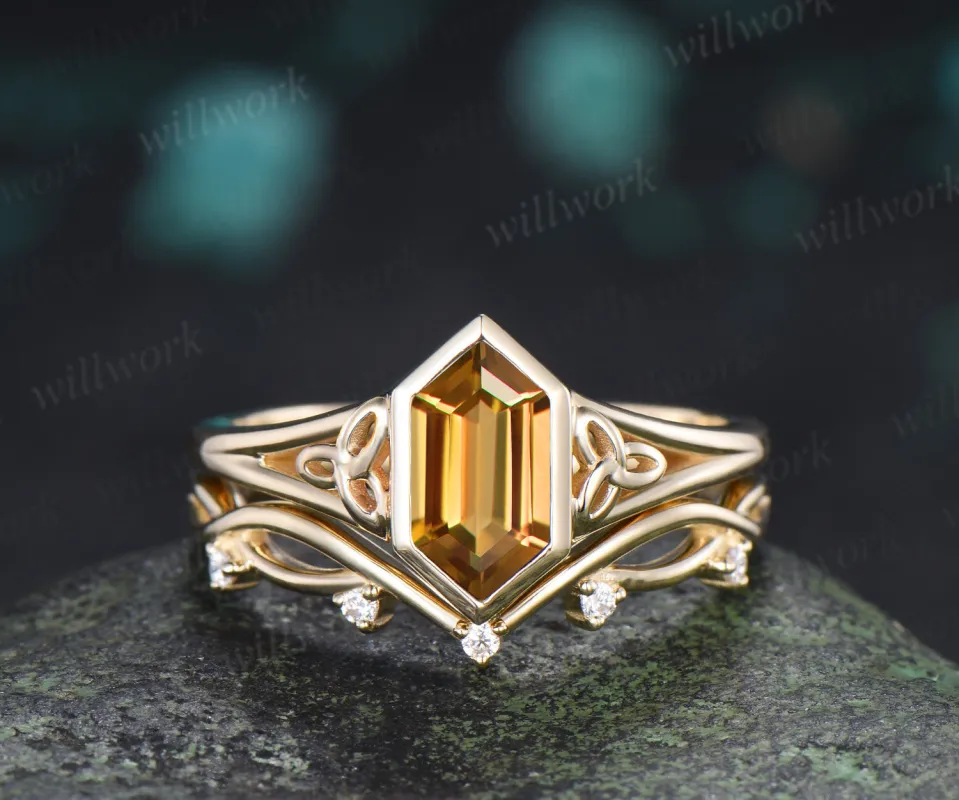 Hexagon Cut Citrine Engagement Ring Set Celtic Knot Ring Infinity Twisted Moissanite Band November Birthstone Bridal Set made by Willwork Jewelry