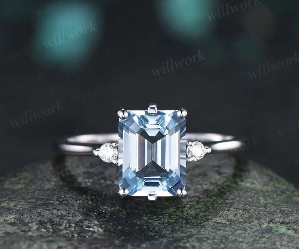Emerald Cut Aquamarine Engagement Ring Three Stone Moissanite Ring March Birthstone Gift made by Willwork Jewelry