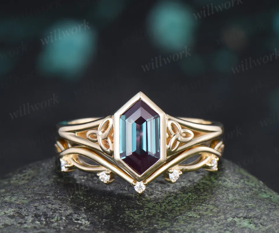 Hexagon Cut Citrine Engagement Ring Set Celtic Knot Ring Infinity Twisted Moissanite Band November Birthstone Bridal Set (Copy) made by Willwork Jewelry