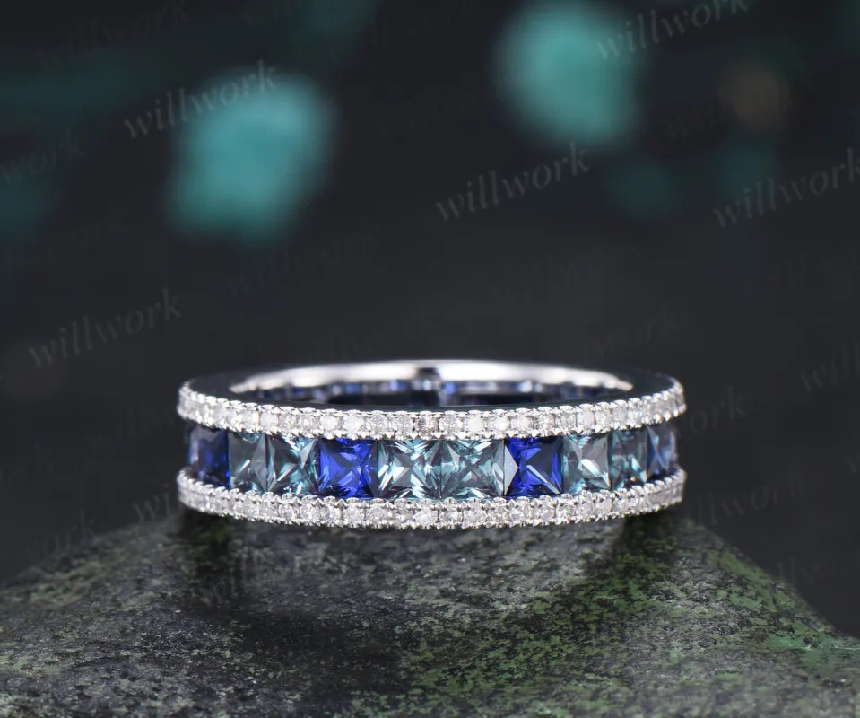 Princess Cut Alexandrite Sapphire Men's Ring Channel Set Eternity Band Moissanite Accent Wedding Ring made by Willwork Jewelry