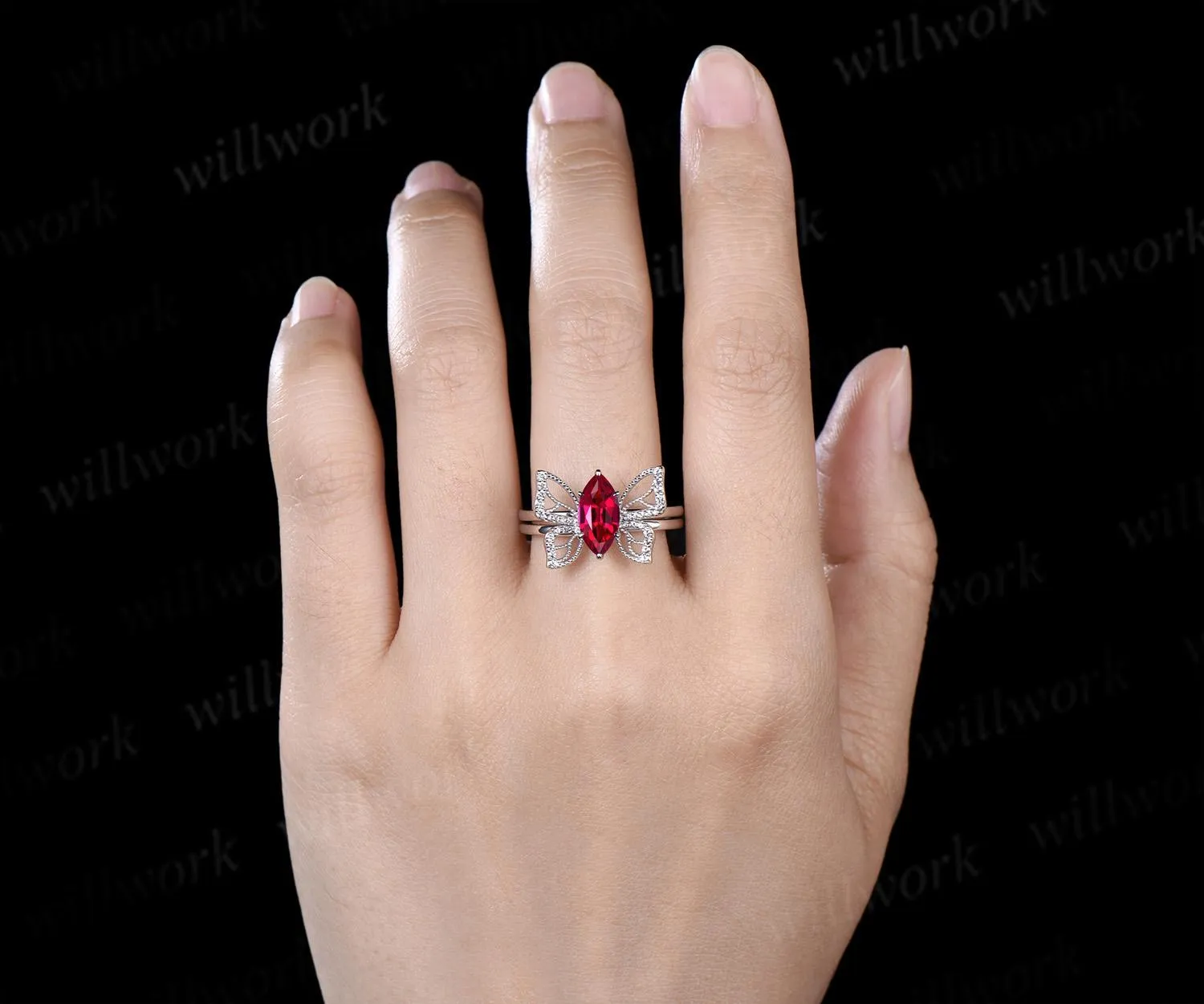 Marquise cut red ruby engagement ring 14k white gold unique butterfly bridal wedding ring set vintage jewelry women sold by Willwork Jewelry product image thumbnail 2