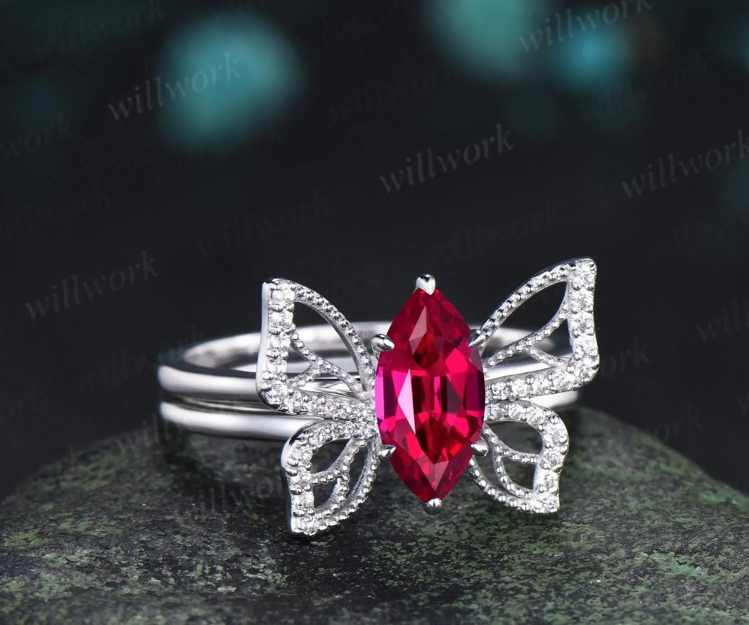 Marquise cut red ruby engagement ring 14k white gold unique butterfly bridal wedding ring set vintage jewelry women sold by Willwork Jewelry product image thumbnail 4