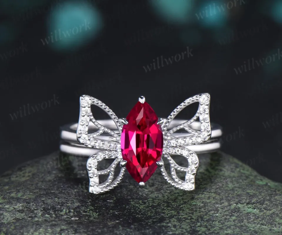 Marquise cut red ruby engagement ring 14k white gold unique butterfly bridal wedding ring set vintage jewelry women made by Willwork Jewelry