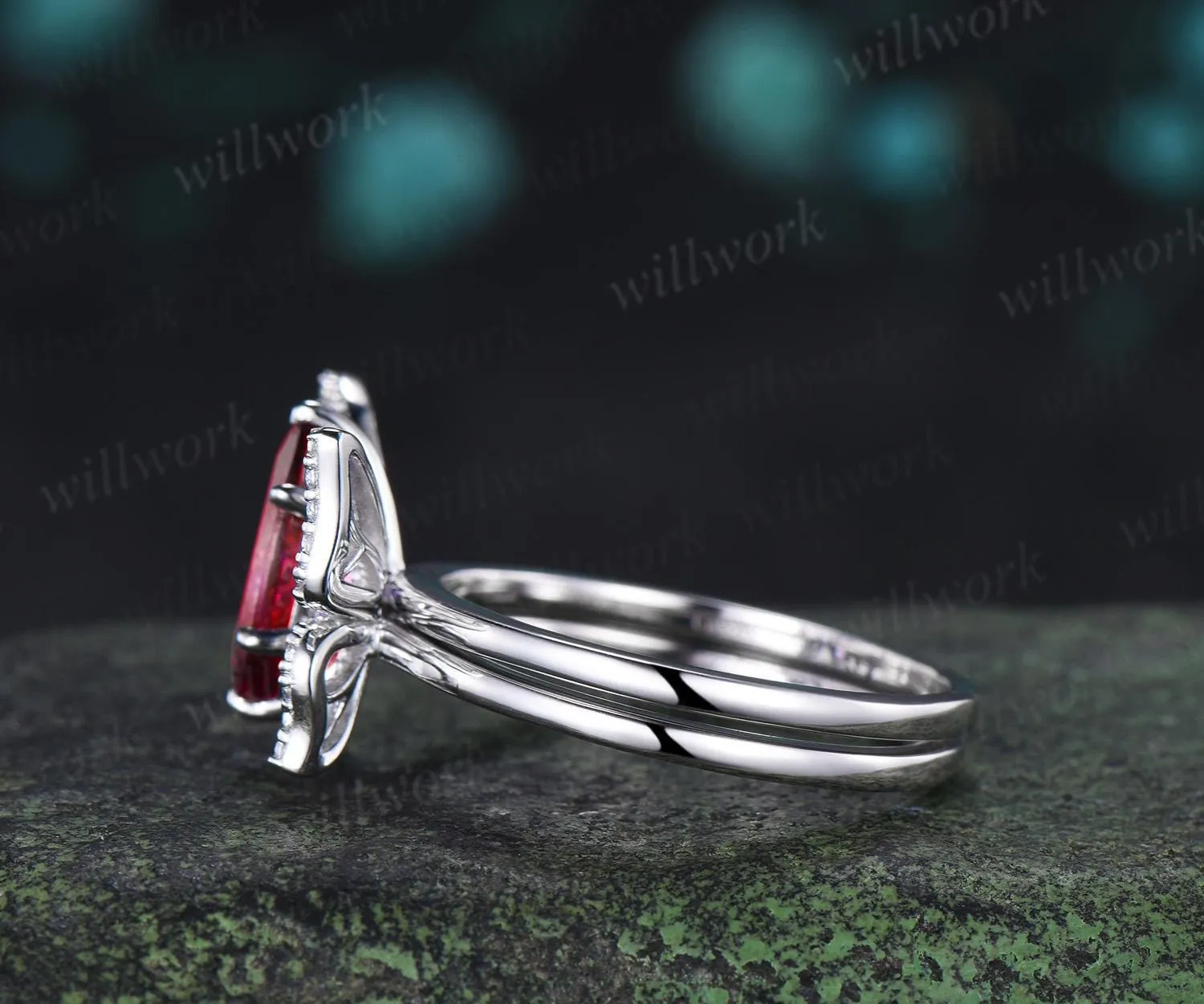 Marquise cut red ruby engagement ring 14k white gold unique butterfly bridal wedding ring set vintage jewelry women sold by Willwork Jewelry product image thumbnail 5