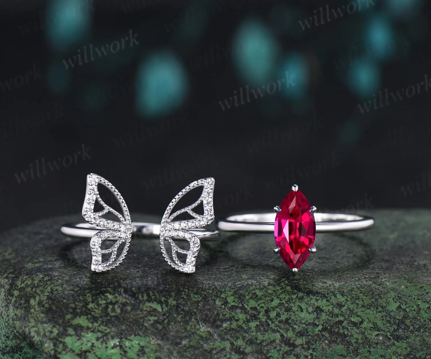Marquise cut red ruby engagement ring 14k white gold unique butterfly bridal wedding ring set vintage jewelry women sold by Willwork Jewelry product image thumbnail 3