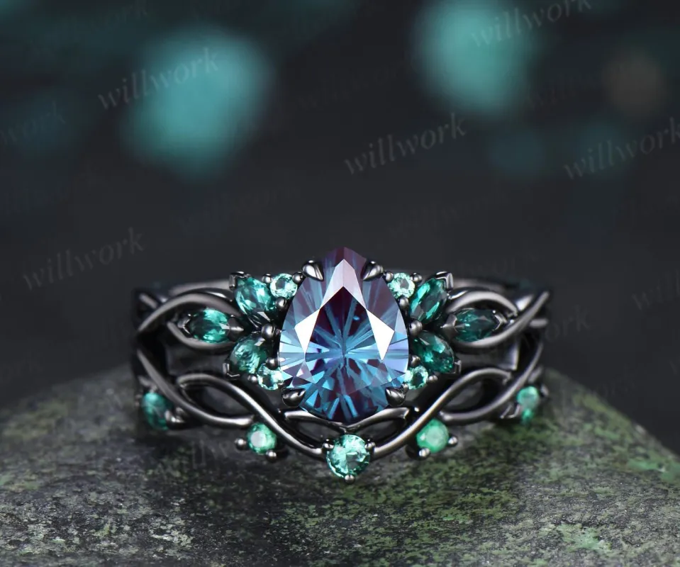 Pear fireworks cut alexandrite engagement ring 14k black gold cluster emerald infinity bridal wedding ring set gift for women silver made by Willwork Jewelry