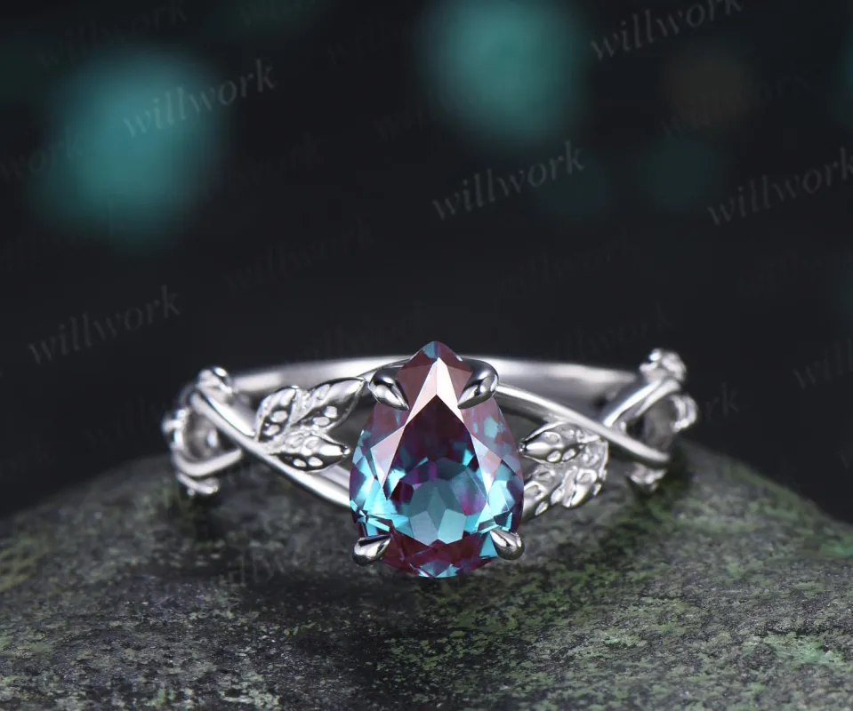 Pear shaped alexandrite engagement ring vintage 14k white gold leaf infinity solitaire promise wedding ring women silver made by Willwork Jewelry