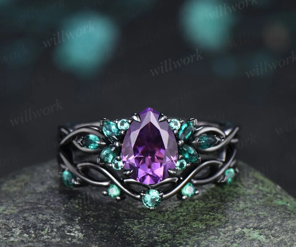 Pear cut purple amethyst engagement ring 14k black gold cluster emerald infinity bridal anniversary ring set gift for women silver made by Willwork Jewelry