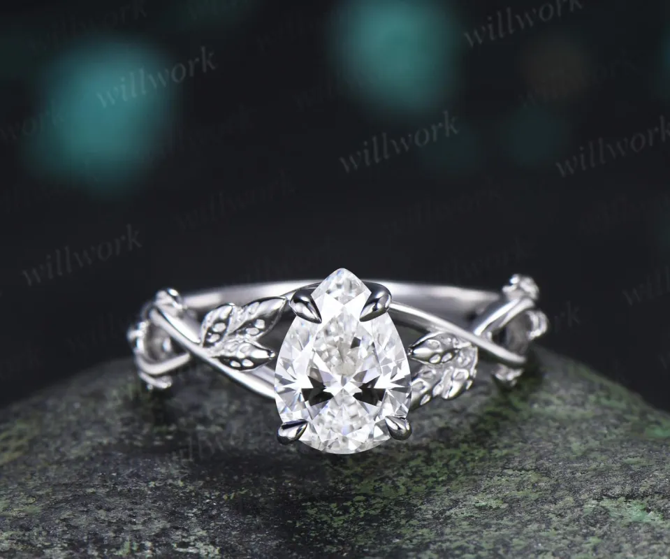 Pear teardrop lab grown diamond engagement ring leaf solitaire vintage wedding promise ring women 14k white gold made by Willwork Jewelry