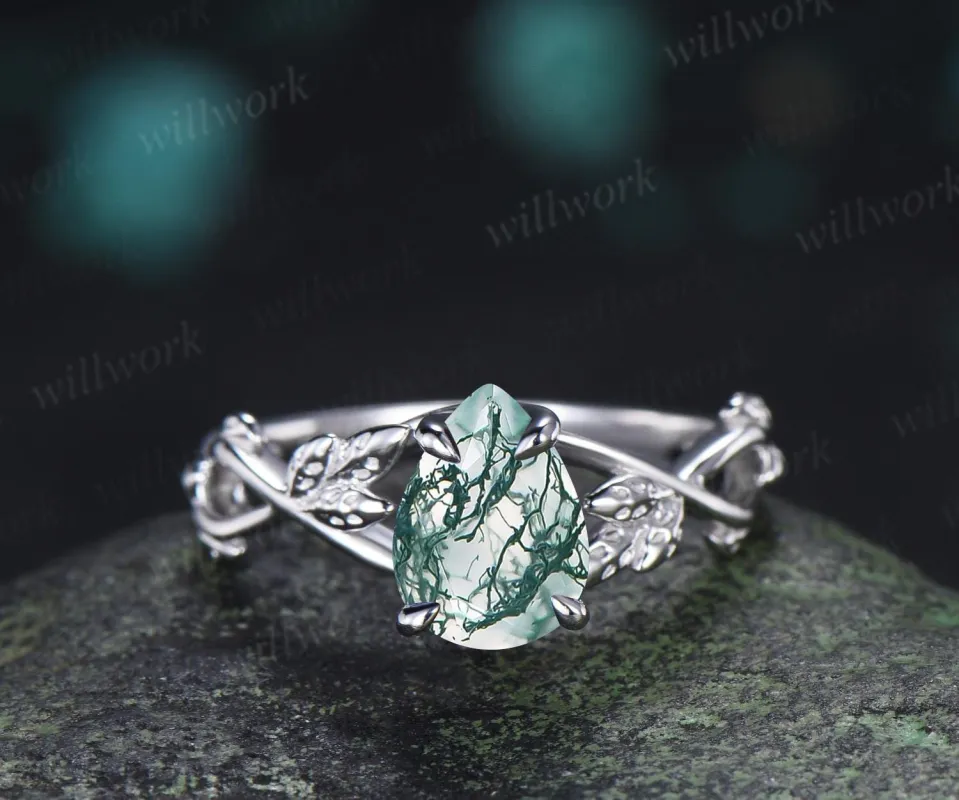 Pear shaped green moss agate engagement ring vintage 14k white gold leaf infinity solitaire wedding ring women silver made by Willwork Jewelry