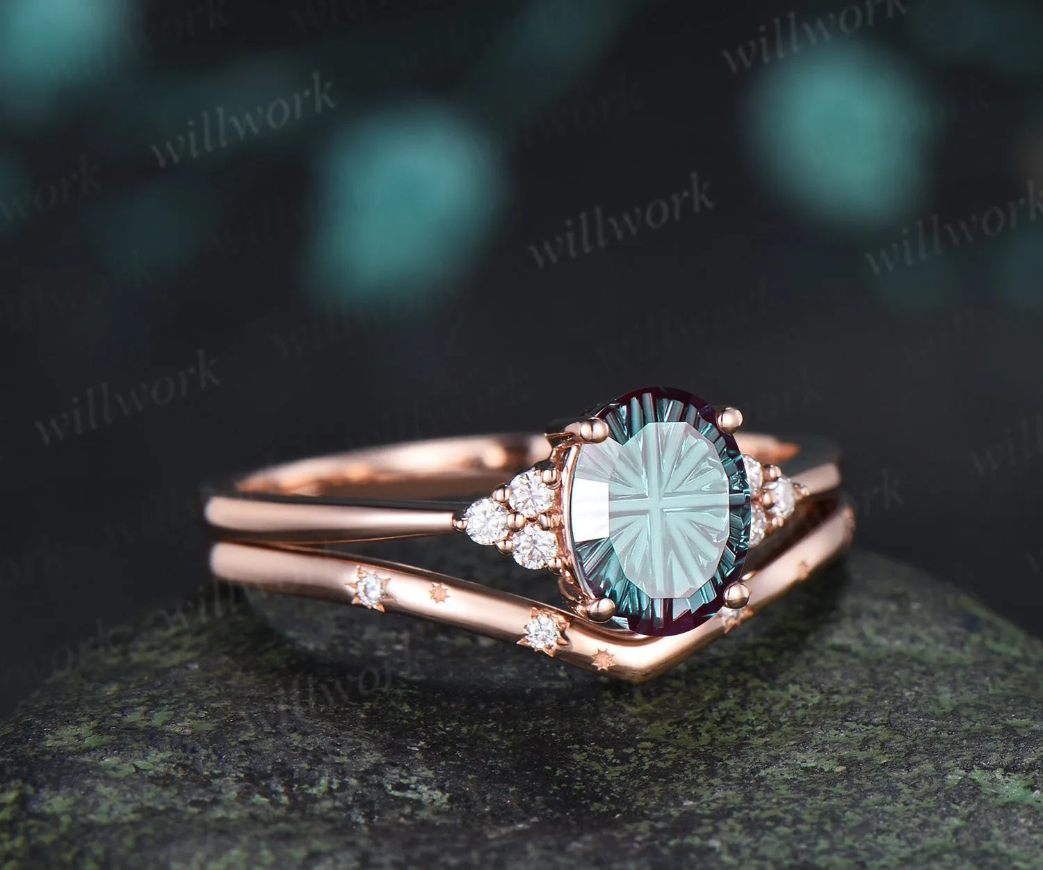 Oval Fantasy Cut Alexandrite Engagement Ring Set Moissanite Cluster Ring Star Wedding Band Color Change Gemstone Bridal Set sold by Willwork Jewelry product image thumbnail 3