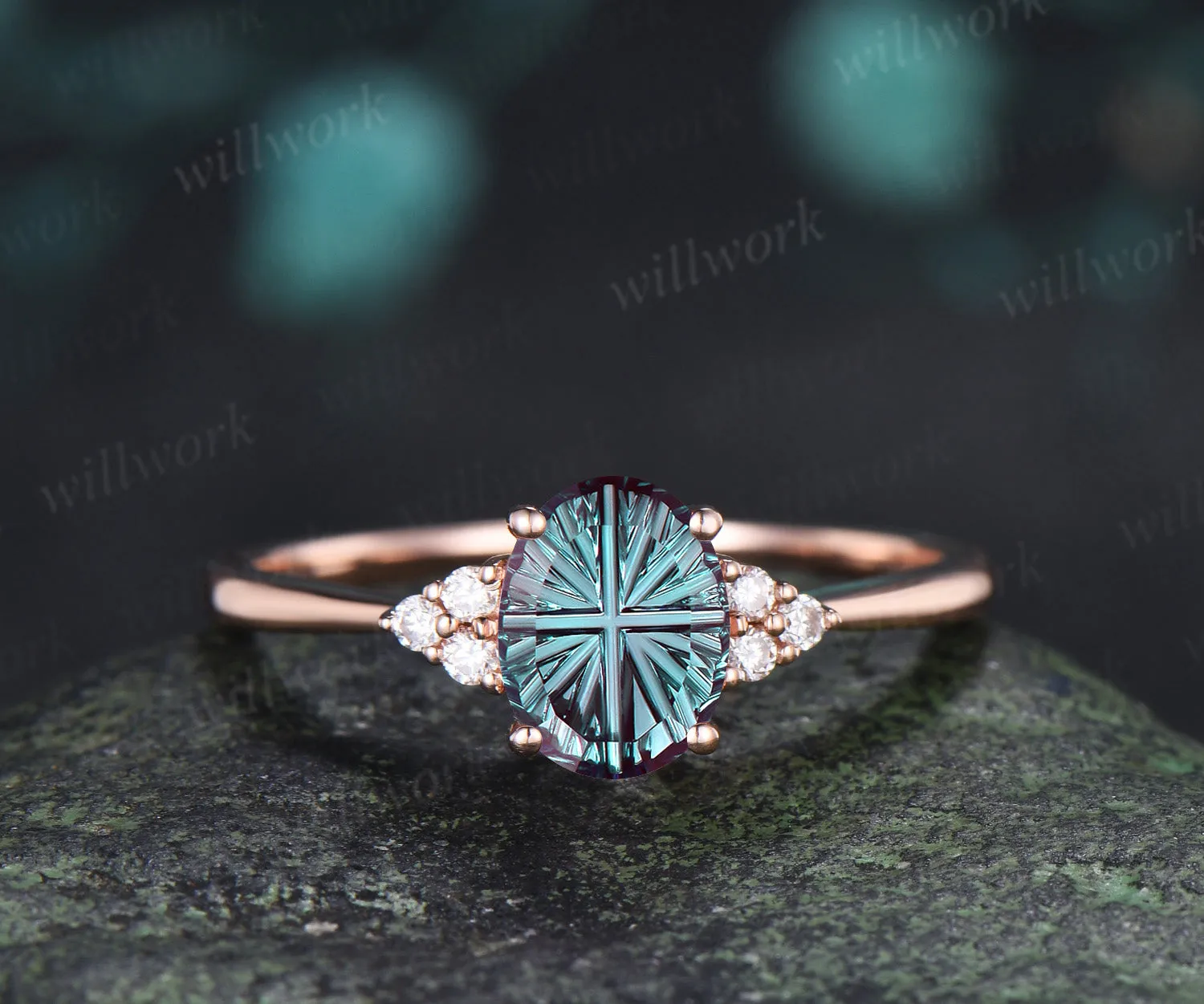 Oval Fantasy Cut Alexandrite Engagement Ring Set Moissanite Cluster Ring Star Wedding Band Color Change Gemstone Bridal Set sold by Willwork Jewelry product image thumbnail 4