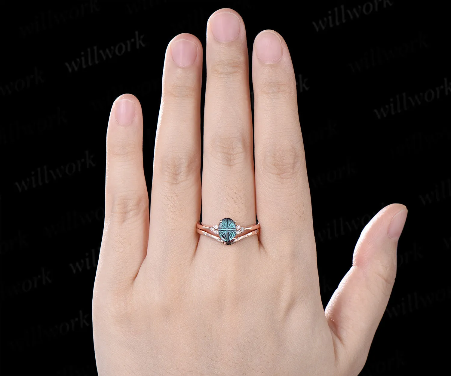 Oval Fantasy Cut Alexandrite Engagement Ring Set Moissanite Cluster Ring Star Wedding Band Color Change Gemstone Bridal Set sold by Willwork Jewelry product image thumbnail 2