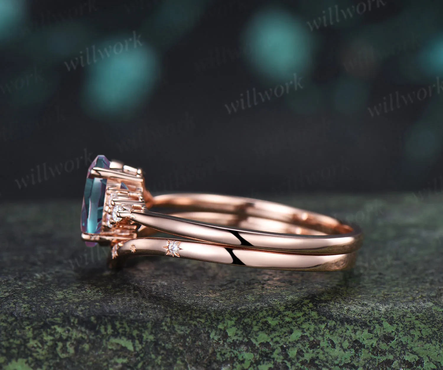 Oval Fantasy Cut Alexandrite Engagement Ring Set Moissanite Cluster Ring Star Wedding Band Color Change Gemstone Bridal Set sold by Willwork Jewelry product image thumbnail 5