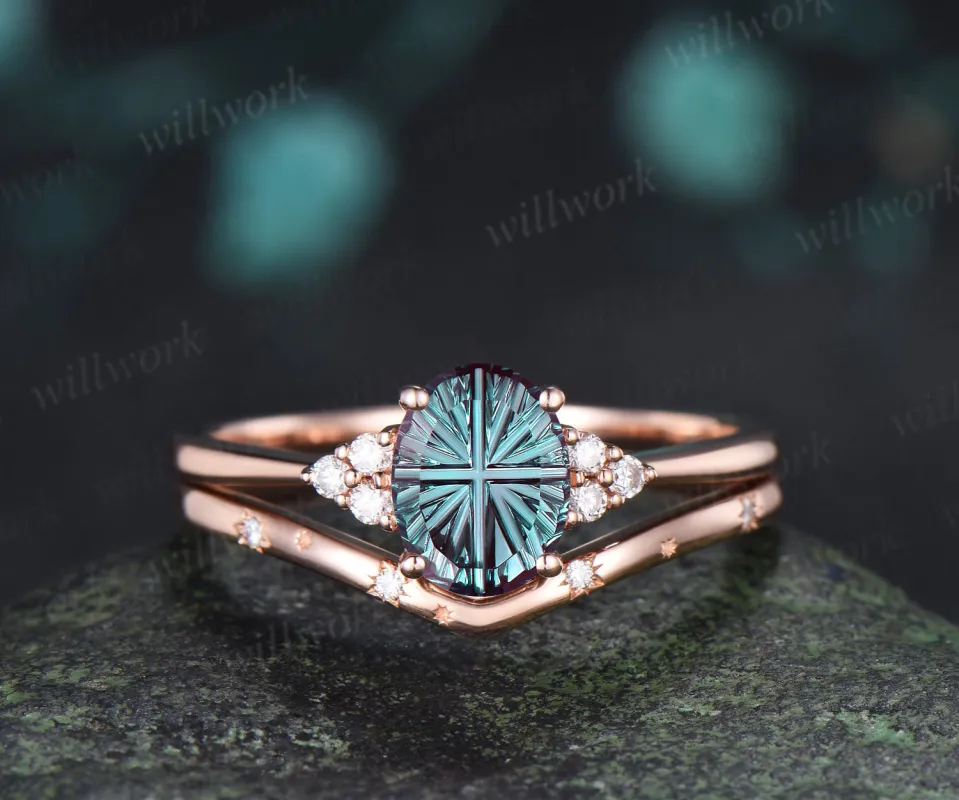 Oval Fantasy Cut Alexandrite Engagement Ring Set Moissanite Cluster Ring Star Wedding Band Color Change Gemstone Bridal Set made by Willwork Jewelry
