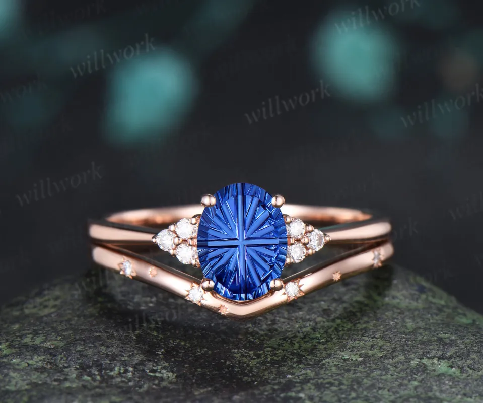 Oval Fantasy Cut Sapphire Engagement Ring Set Moissanite Cluster Promise Ring Star Wedding Band Unique Bridal Set made by Willwork Jewelry