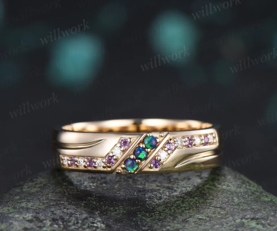 Unique black opal amethyst mens wedding band 14k yellow gold moissanite men handsome man rings matching band anniversary gift made by Willwork Jewelry