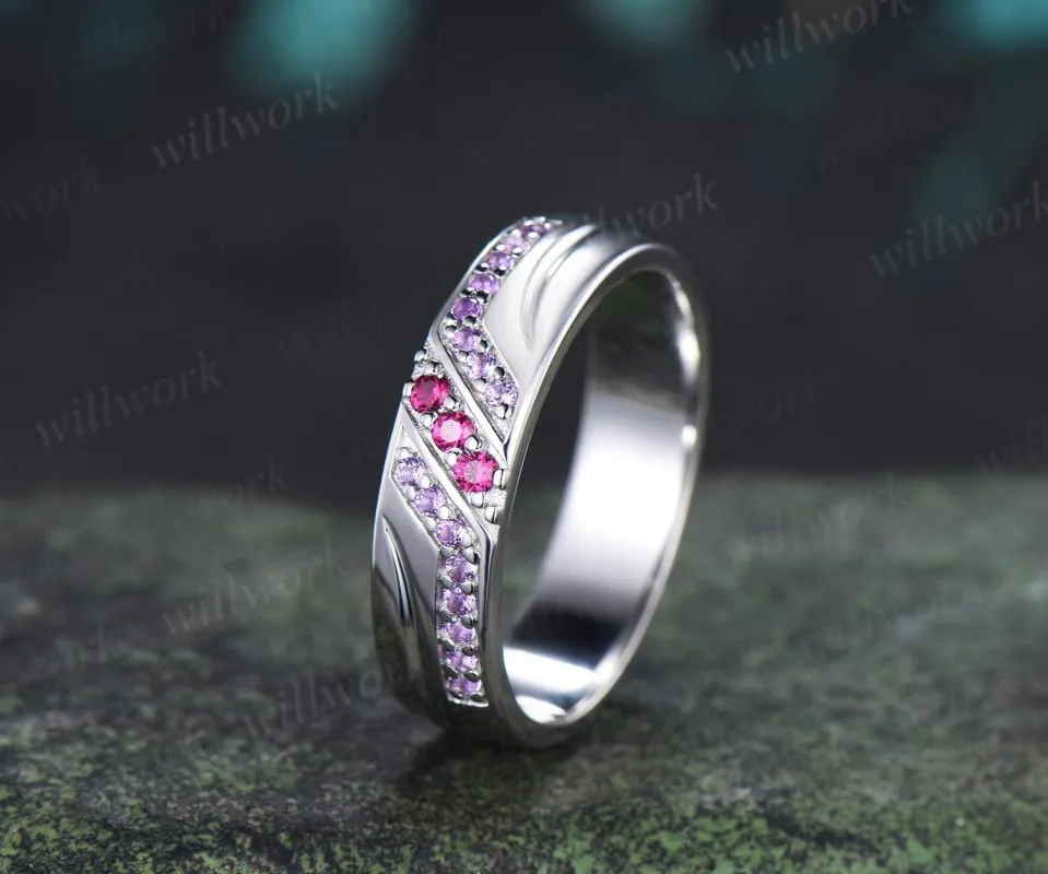 Unique red ruby amethyst mens wedding band 14k white gold men handsome man rings matching band anniversary gift made by Willwork Jewelry