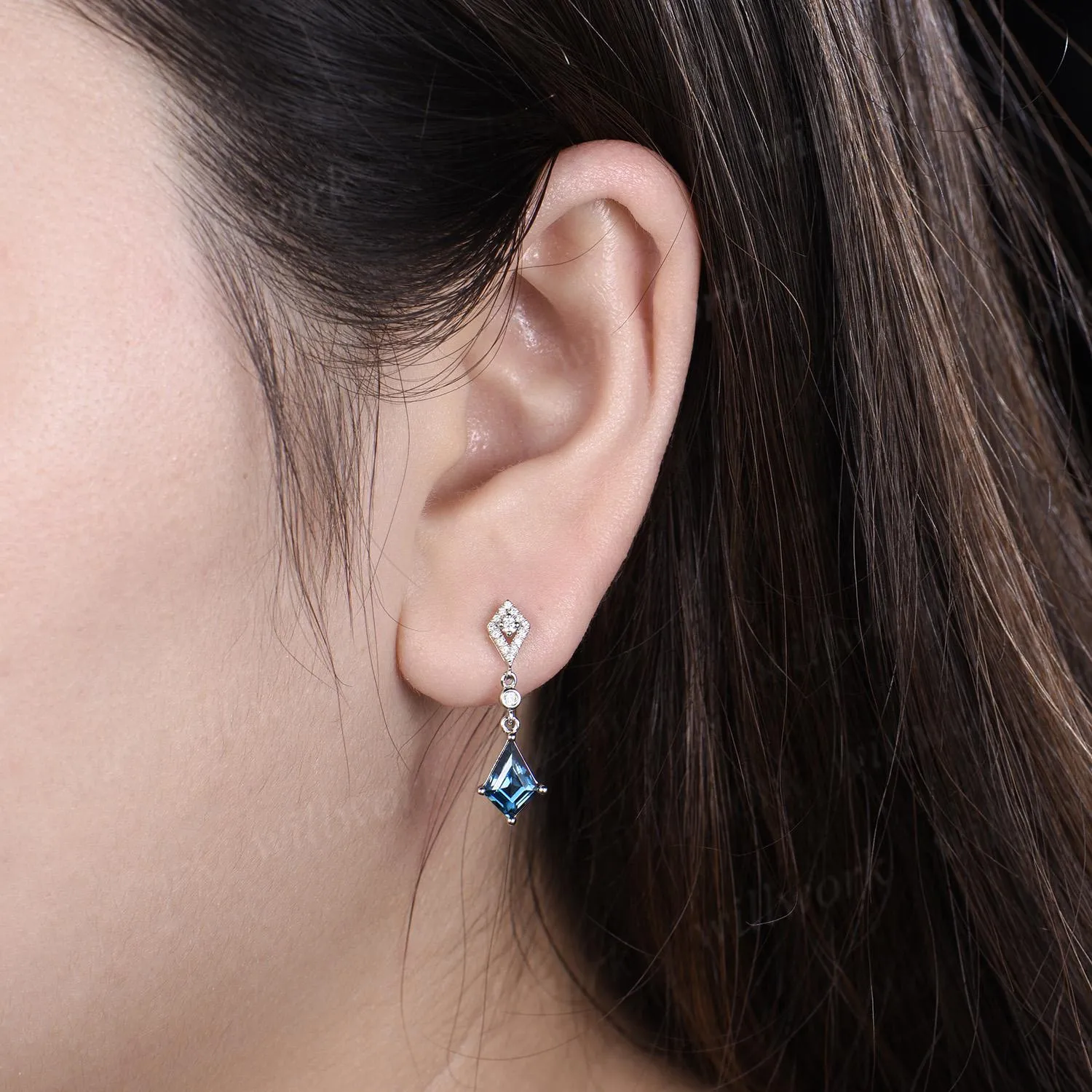Vintage kite cut London blue topaz earrings solid 14k white gold halo diamond drop earrings women December birthstone anniversary gift her sold by Willwork Jewelry product image thumbnail 3