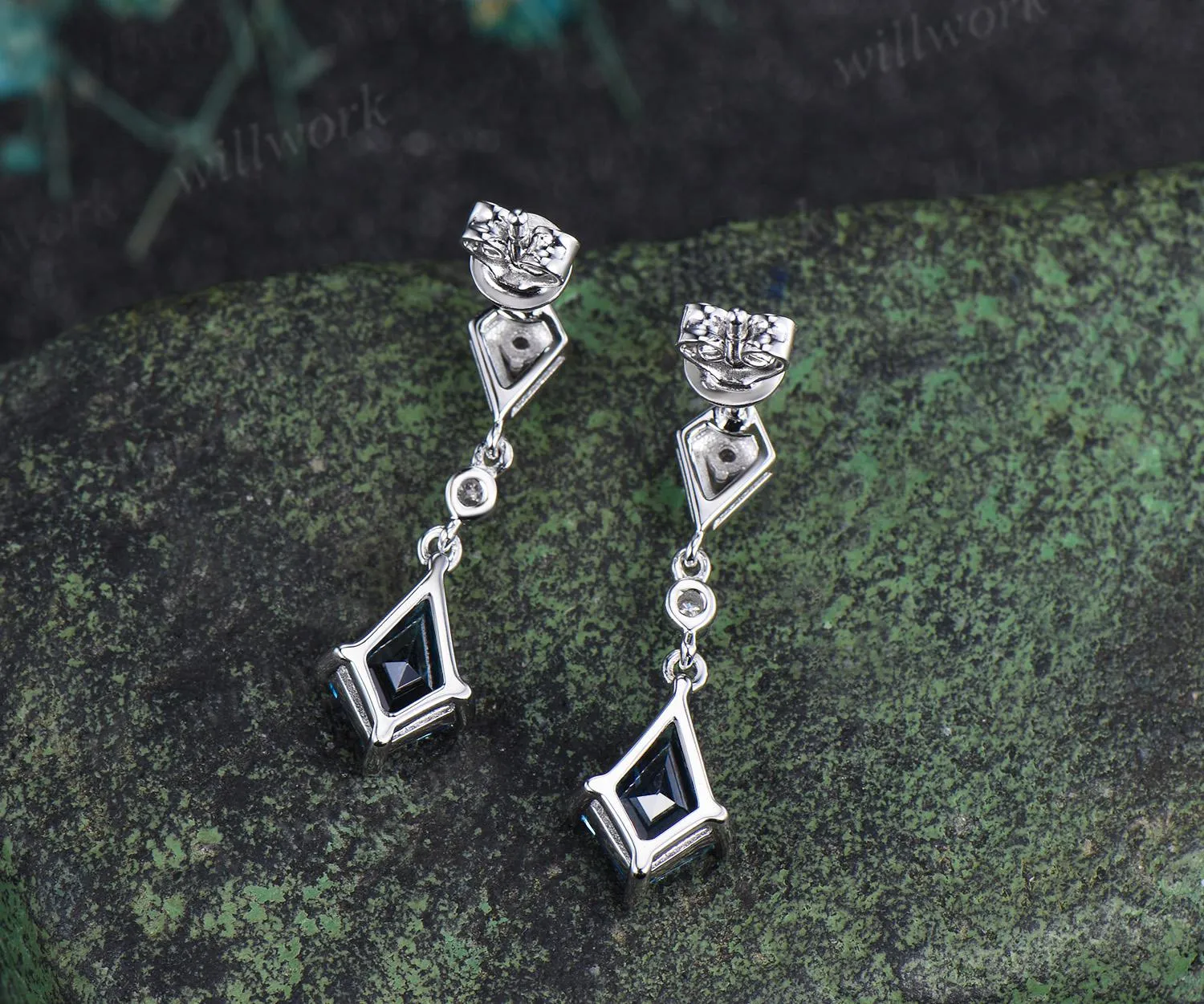 Vintage kite cut London blue topaz earrings solid 14k white gold halo diamond drop earrings women December birthstone anniversary gift her sold by Willwork Jewelry product image thumbnail 4