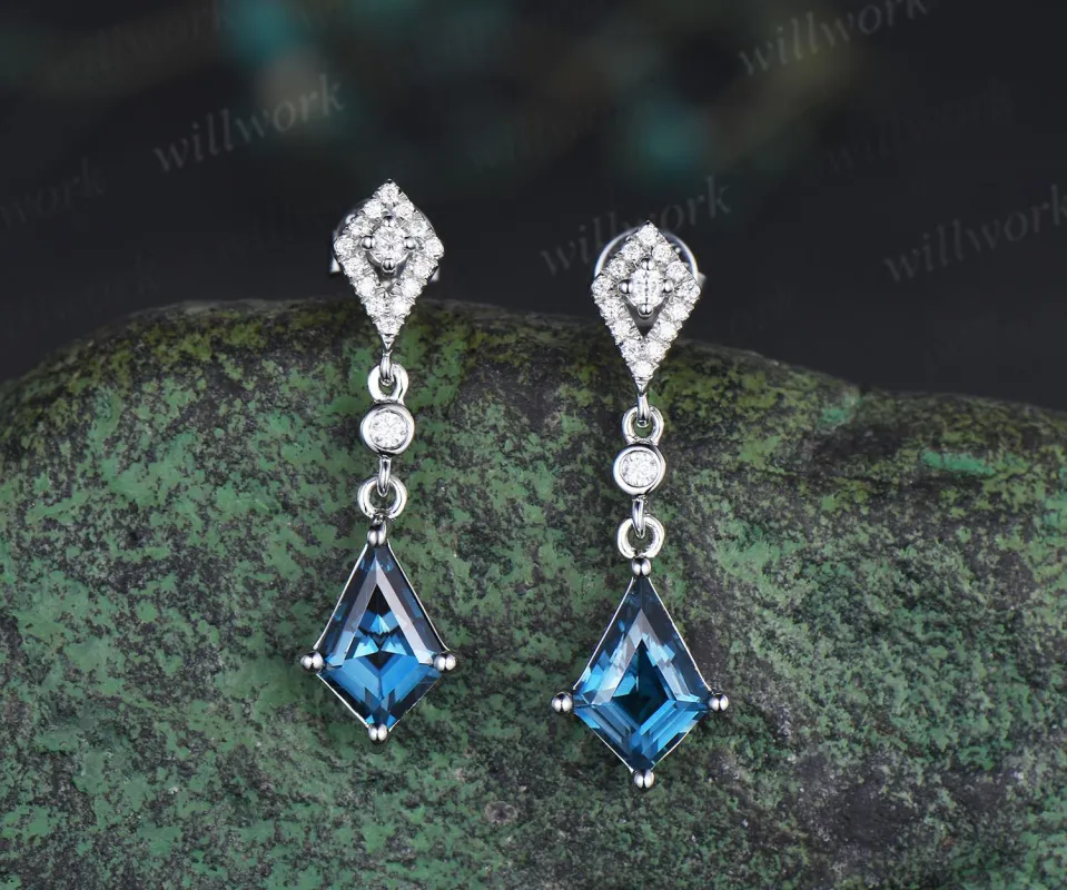 Vintage kite cut London blue topaz earrings solid 14k white gold halo diamond drop earrings women December birthstone anniversary gift her made by Willwork Jewelry