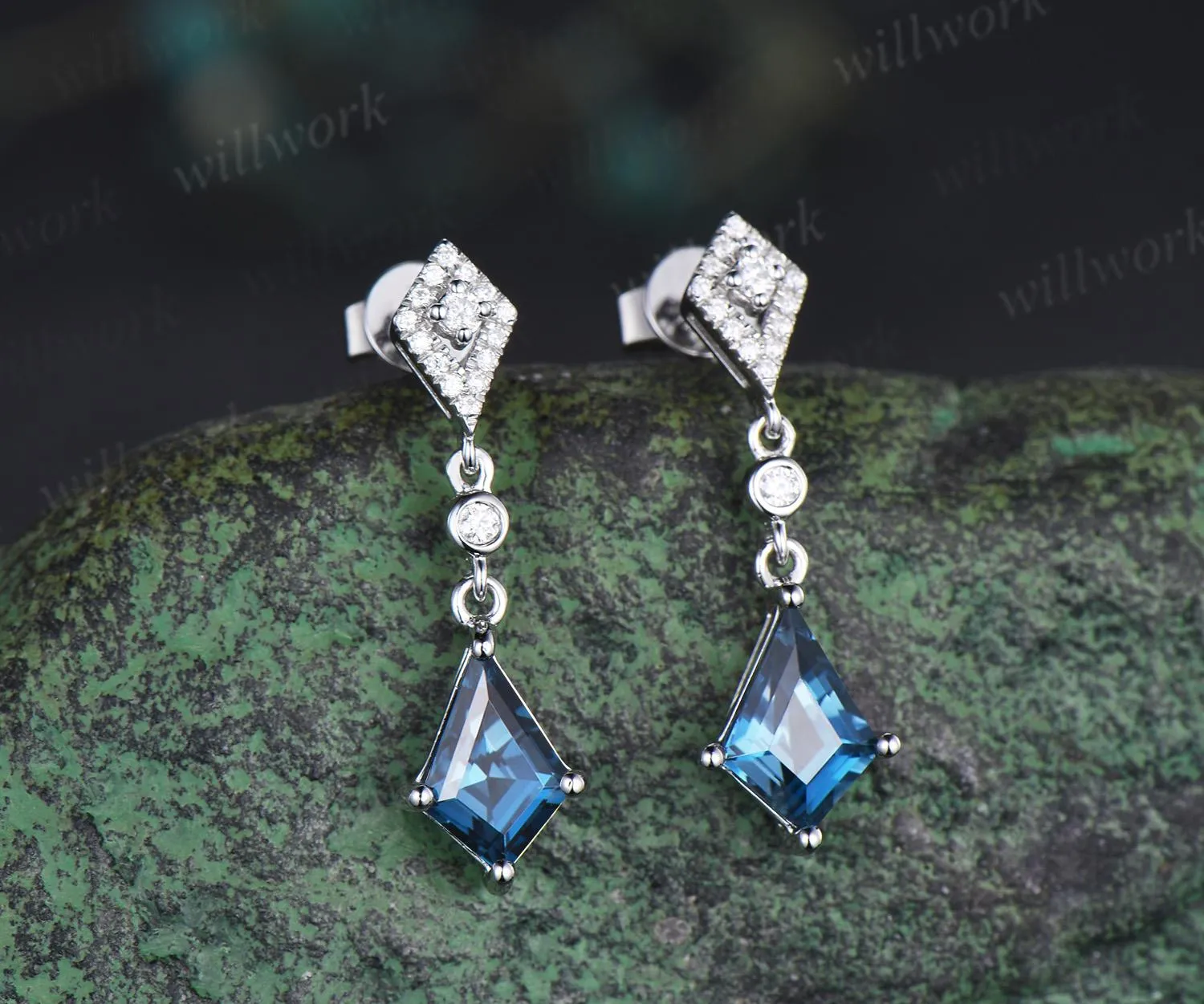 Vintage kite cut London blue topaz earrings solid 14k white gold halo diamond drop earrings women December birthstone anniversary gift her sold by Willwork Jewelry product image thumbnail 2
