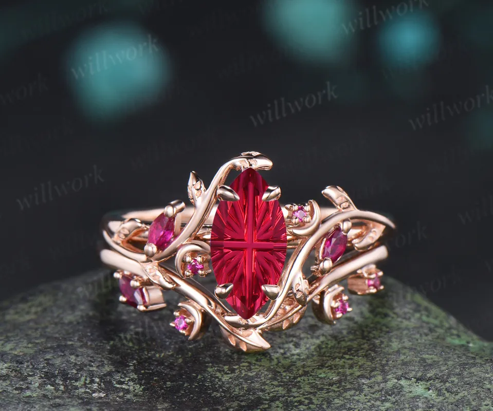 Marquise Fantasy Cut Ruby Ring Set Leaf Twig Moon Promise Ring Ruby Accent Nature Inspired Bridal Set made by Willwork Jewelry