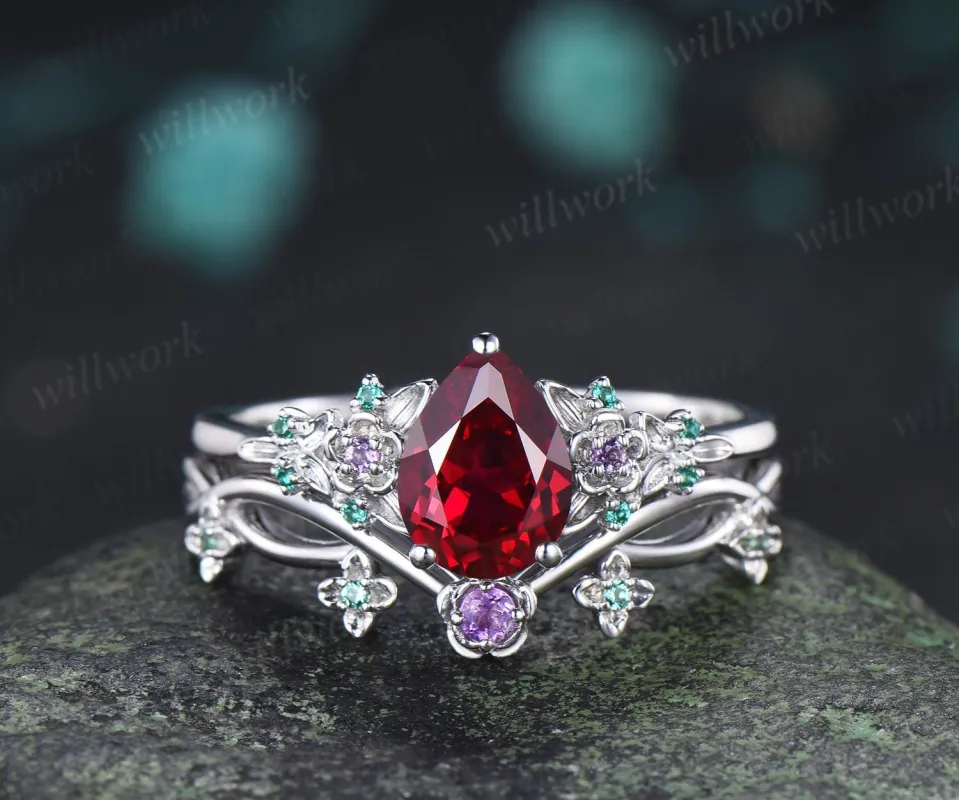 Teardrop pear cut red ruby engagement ring set solid 14k white gold floral leaf emerald amethyst ring vintage anniversary gift made by Willwork Jewelry