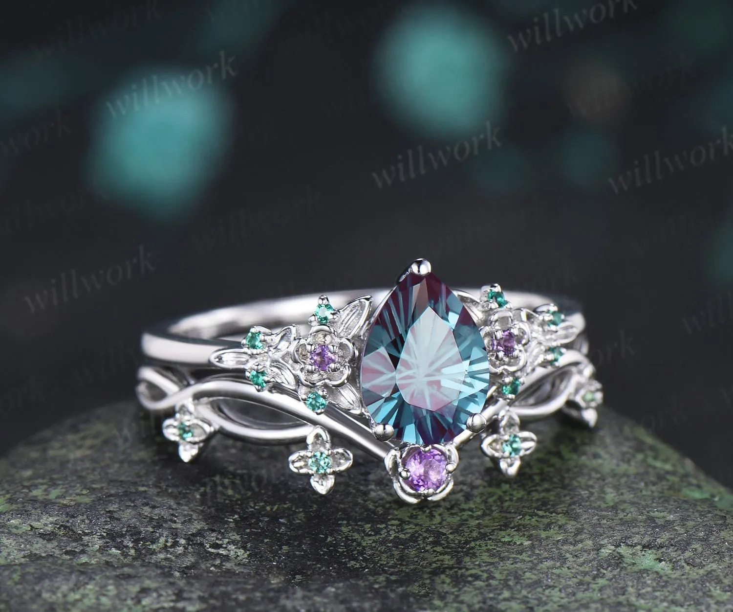 Teardrop pear fireworks cut alexandrite engagement ring 14k white gold floral leaf emerald wedding bridal ring set anniversary gift sold by Willwork Jewelry product image thumbnail 4