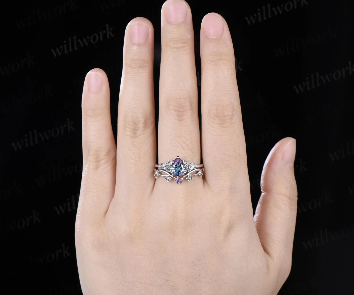 Teardrop pear fireworks cut alexandrite engagement ring 14k white gold floral leaf emerald wedding bridal ring set anniversary gift sold by Willwork Jewelry product image thumbnail 2